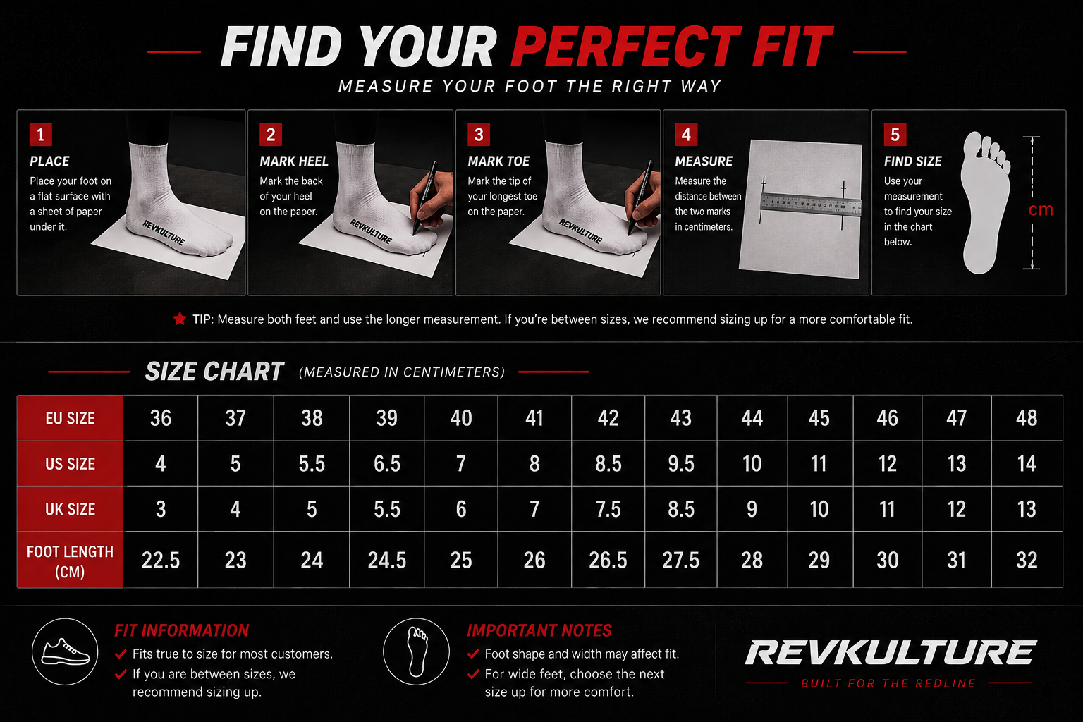 REVKULTURE shoe size guide EU 36 to EU 48